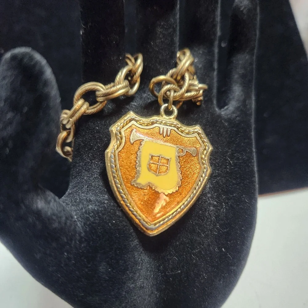 Vintage Gold Tone Heraldic Shield Crown‎ Charm Bracelet Orange Enamel